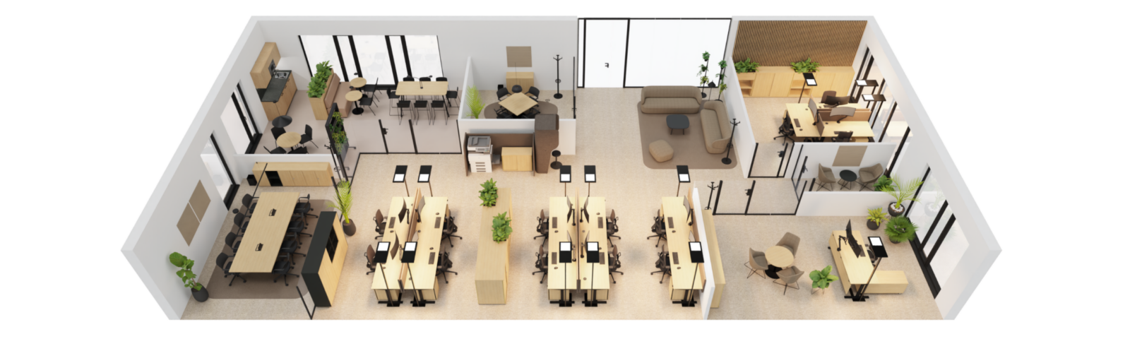Ein Grundriss eines Büros mit Arbeitsplätzen, Meetingräumen und Loungebereichen in warmen Braun- und Holztönen.
