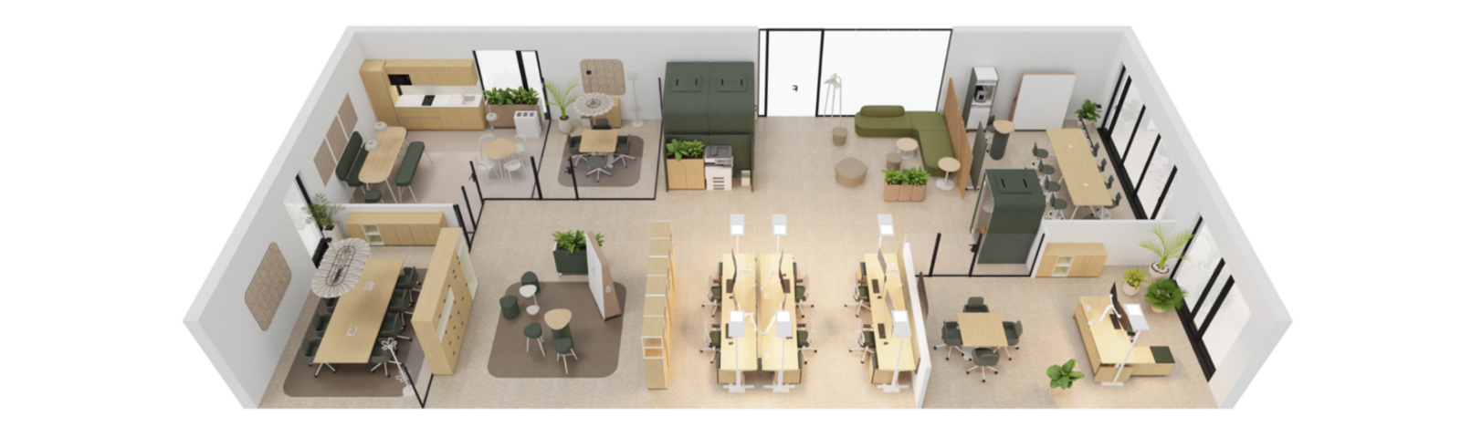 Ein Grundriss eines Büros mit dem Konzept Officebox by neudoerfler mit vorkonfigurierten Boxen für Arbeitsplätze, Meetingräume und Loungebereiche in warmen Grün- und Holztönen.
