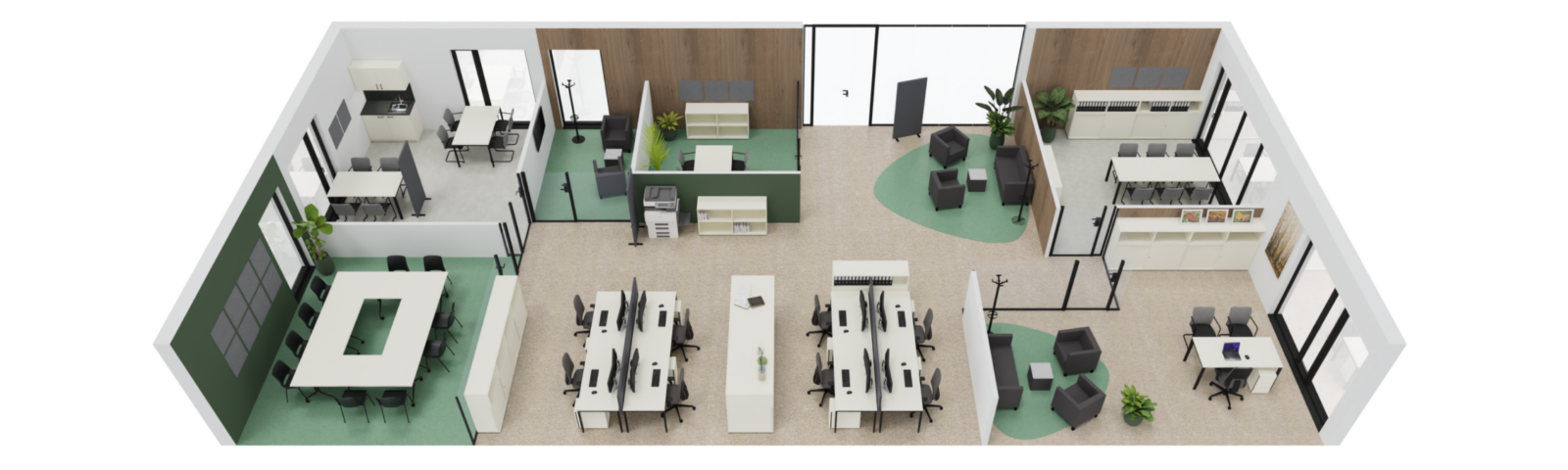 Ein Grundriss eines Büros mit Arbeitsplätzen, Meetingräumen und Loungebereichen in warmen Grün- und Holztönen.