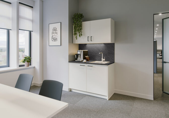 A modern office kitchen with white cabinet fronts, black metal handles, and a dark gray countertop, equipped with a refrigerator and a waste sorting system.