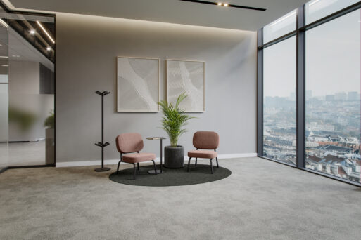 neudoerfler Lounge S Premium mit zwei Lounge-Sesseln, Beistelltisch, Teppich, Standgarderobe und Begrünung