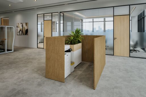 Abgeschirmter Druckerbereich im Büro mit Einhausung, Flügeltürschrank, Pflanzwanne und Papierkorb – Officebox Print aus der neudoerfler Collection Bright M.