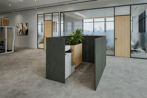 Abgeschirmter Druckerbereich im Büro mit Einhausung, Flügeltürschrank, Pflanzwanne und Papierkorb – Officebox Print aus der neudoerfler Collection Nature M.