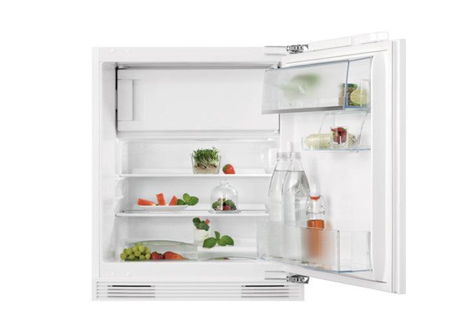 Mini-refrigerator with two compartments for fresh food, a freezer compartment, a door compartment for bottles, and a shelf with a flap.