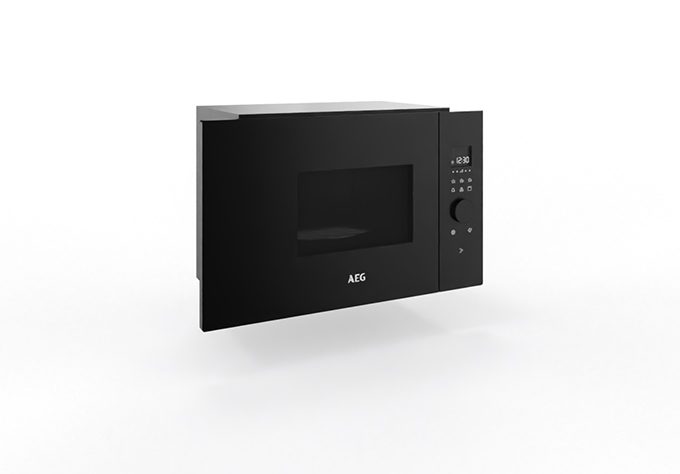 Black built-in microwave with a viewing window, door, and intuitive control panel featuring a knob, designed for the kitchen.