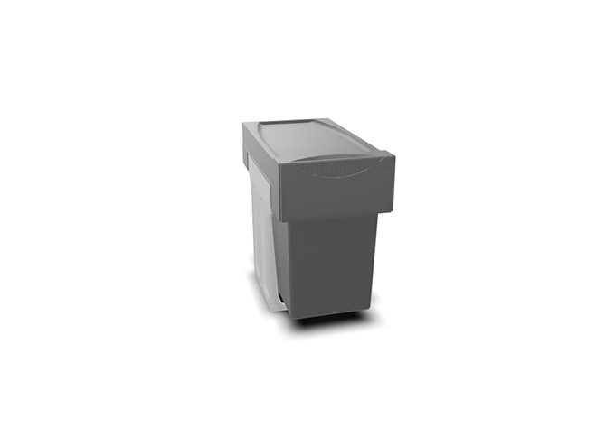 Grey plastic waste bin with a closed lid, shown from a front angled view.