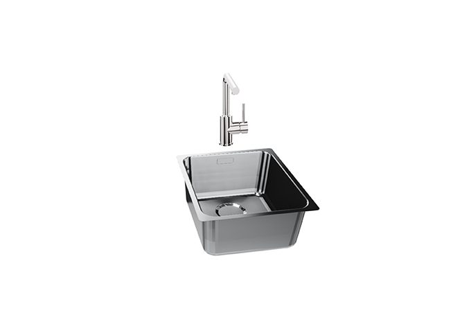 Rectangular stainless steel kitchen sink with a round drain and stylish faucet for the kitchen.