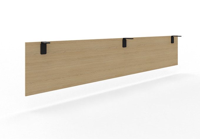 Modern knee panel with an oak finish for office desks, featuring sturdy black screw mounts.