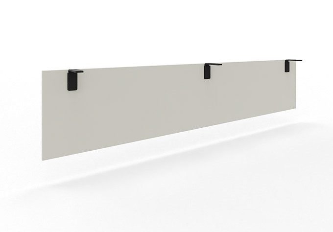 Simple white knee panel for office desks with sturdy black screw mounts.