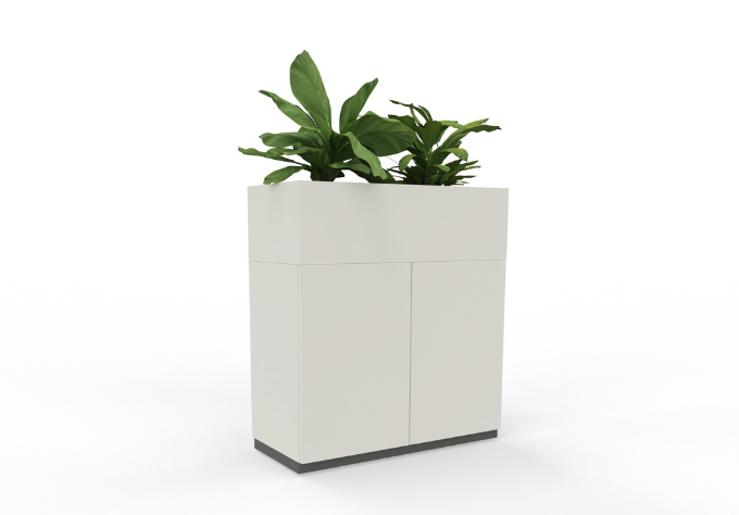 Two-door hinged cabinet in white with a push-to-open feature, 2 OH of storage space, and a plant tray mounted on top.