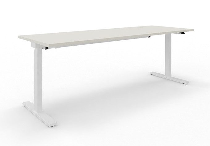 Ergonomic, electrically height-adjustable desk with a white frame and white tabletop for the office.