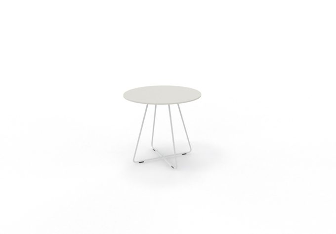 White lounge side table with a round, white tabletop on a sturdy, cross-braced metal frame.