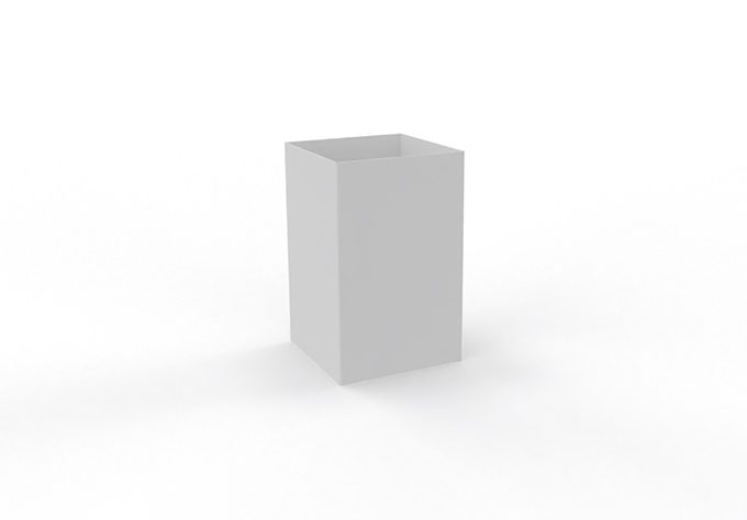 Square, white trash can with a modern design, perfect for keeping offices tidy.