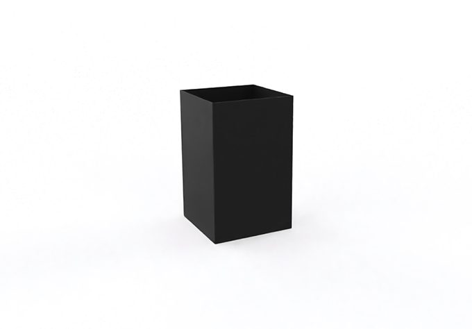 Square, black trash can with a modern design, perfect for keeping office spaces tidy.