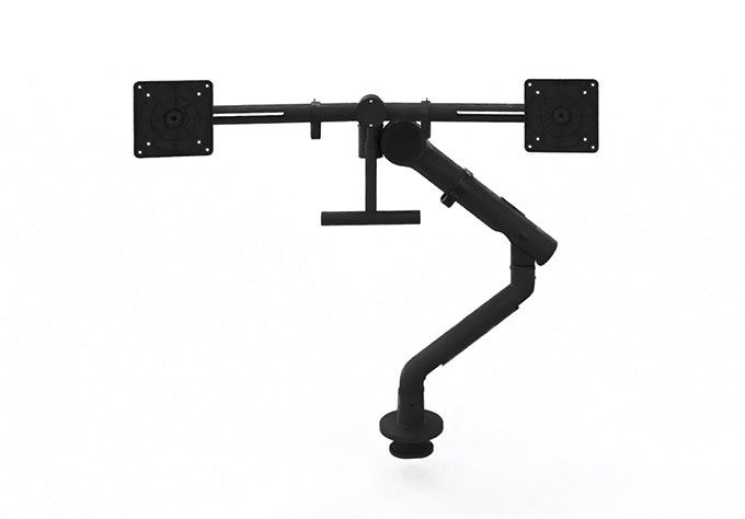 A sleek black dual monitor arm with a desk-mounted design for ergonomic work at office desks.